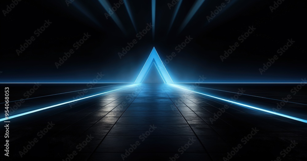 Poster a futuristic triangular structure illuminated by blue light, creating a pathway in a dark environmen