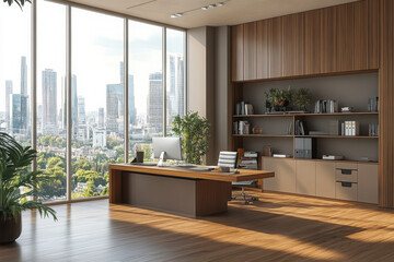 Stylish business interior with ceo desk near panoramic window, pc and shelf