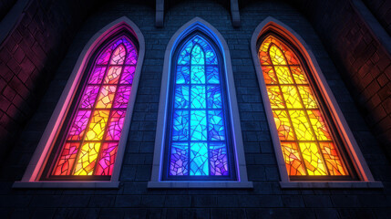 Fototapeta premium Glowing stained glass windows in a dark cathedral, capturing the light in vibrant colors, sacred glowtime, spiritual and majestic