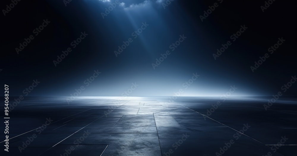 Poster a serene, dark landscape illuminated by soft light, creating a tranquil and mysterious atmosphere.