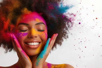 A vibrant explosion of colors and shapes, forming the profile portrait of an African American woman with her eyes closed against a white background