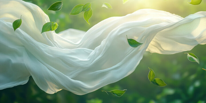 eco fresh laundry wash, ecological sustainable environmental natural clothes garment washing detergent. white cotton fabric in green nature background with flying leaves. banner with copy space