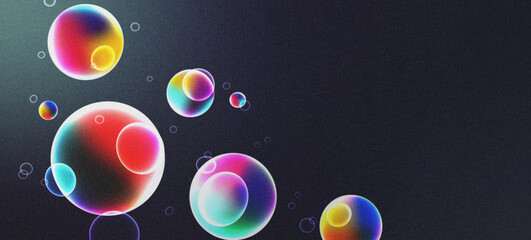 Abstract background with multicolored gradient bubbles. Design with grainy effect on dark background. Soap bright bubbles, balls, plasma, liquid drop.