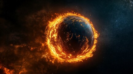 Naklejka premium A dark, planet-like Earth covered in lava, with the vast universe visible in the background