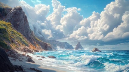 Realistic seashore with swirling ocean waves, highlighting beautiful stone formations against a peaceful sky