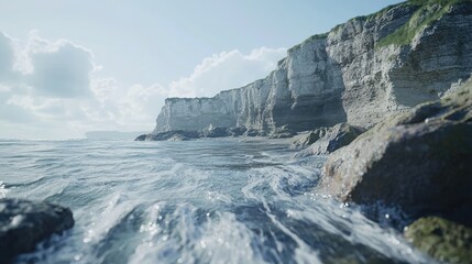 Realistic stone seashore with swirling ocean water, featuring a stunning backdrop of cliffs and a peaceful horizon