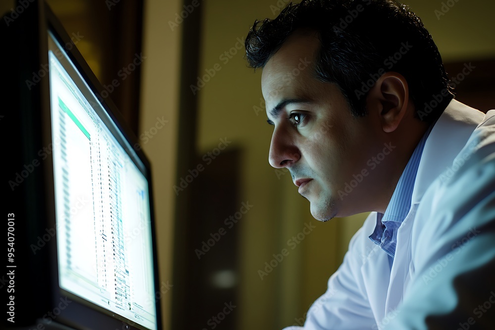 Poster focused doctor analyzing data on computer screen in dark room