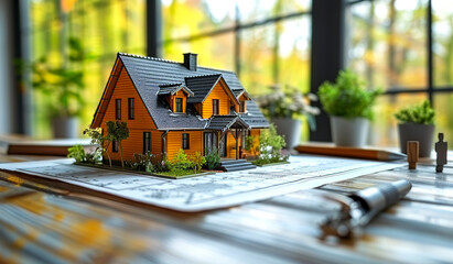 Model house and architectural plans on a wooden table in natural light. A detailed model house sits on a table surrounded by architectural plans and greenery
