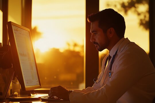 Serious doctor working late analyzing data on computer at sunset - Powered by Adobe