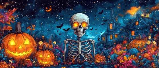 Colorful Doodle Halloween Pattern with Friendly Skeletons, Haunted Houses, and Spooky Spiders for Kids' Fabric