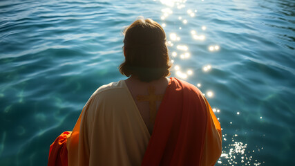 Fototapeta premium Sunlit water with Back view of Jesus Christ seen from behind. Generative AI