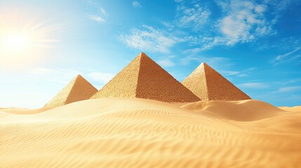 Elegant sand pyramids perfectly shaped, set against a realistic background of rolling dunes and a bright blue sky