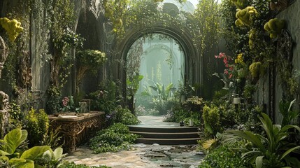 Fototapeta premium Elegant surreal garden with imaginative decor, merging fantasy and reality, set against a dynamic and realistic background