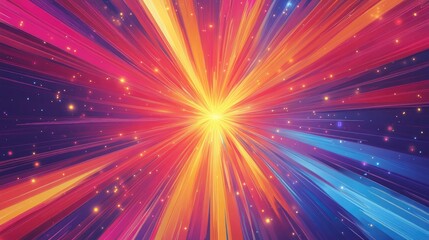 Fototapeta premium Exploding star pattern with vibrant radial lines in red, yellow, blue, and purple, emanating outward on a white background, enriched with a gradient