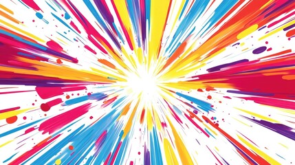 Fototapeta premium Exploding star pattern with vibrant red, yellow, blue, and purple lines, radiating outward in a dynamic design on a white background
