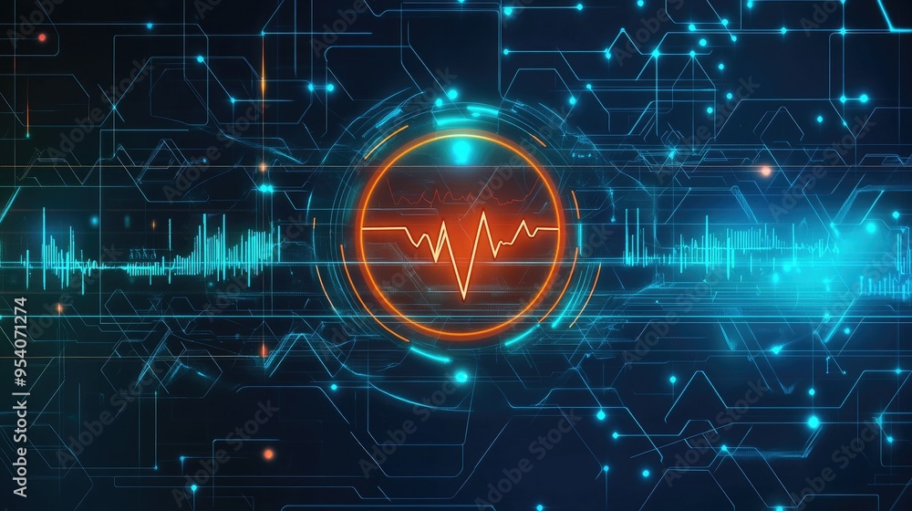 Poster futuristic health care icon with glowing lines and dynamic patterns, set against a high-tech backgro