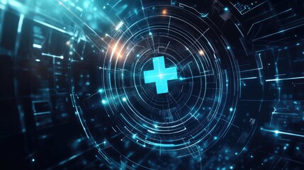 Obraz premium Futuristic health care icon with glowing lines and dynamic patterns, set against a high-tech background, symbolizing wellness and innovation