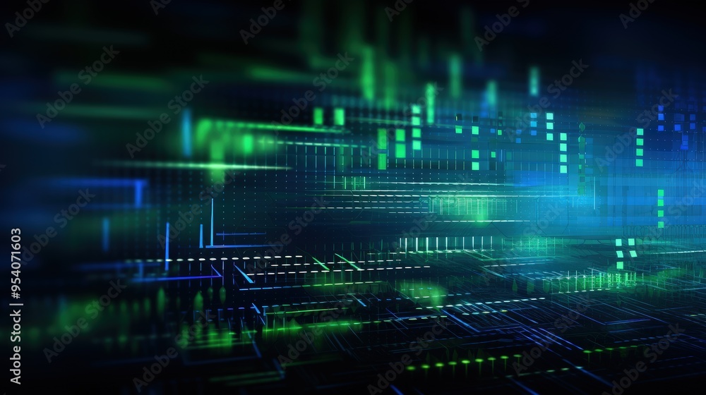 Poster a digital abstract design featuring vibrant blue and green lines and patterns, representing technolo