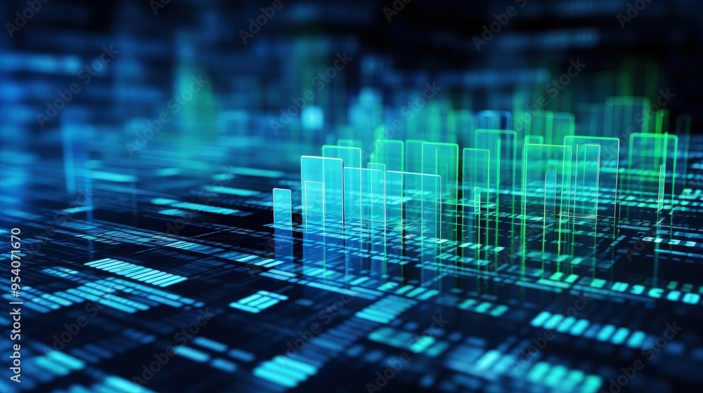 Poster a digital abstract representation featuring blue and green data visualizations, symbolizing technolo