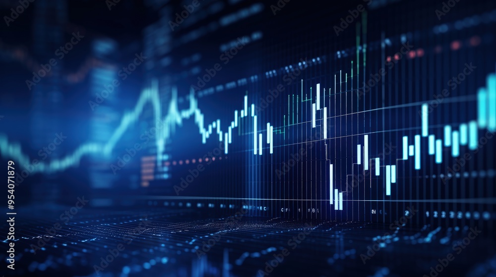 Poster a digital representation of stock market trends with fluctuating graphs and data visualizations.