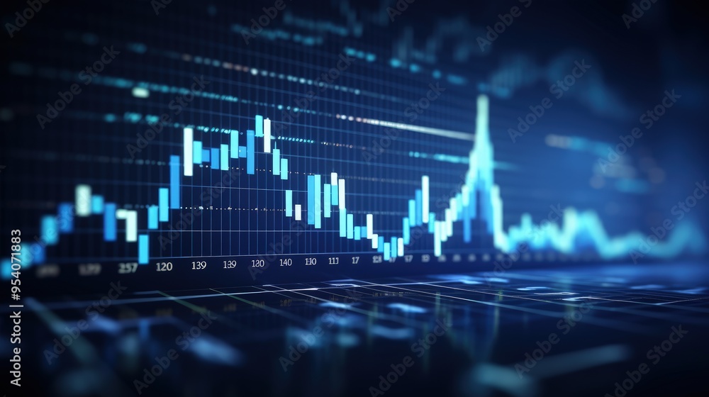 Poster a digital representation of financial data, showcasing fluctuating graphs and charts in a futuristic