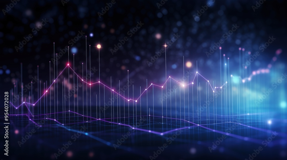 Poster a vibrant digital representation of data trends with colorful lines and points against a cosmic back