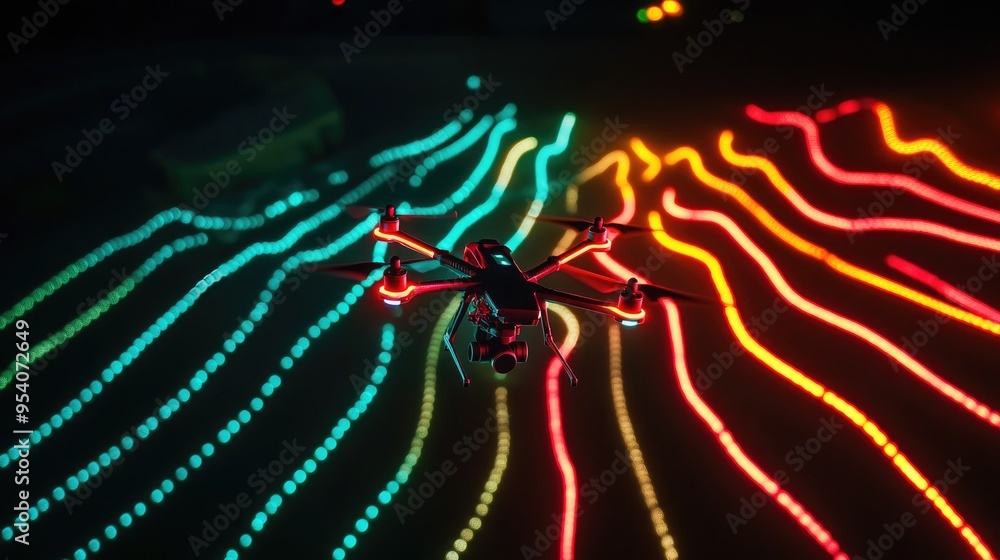 Poster neon light patterns from drones illuminating the sky, set against a dynamic black background, creati