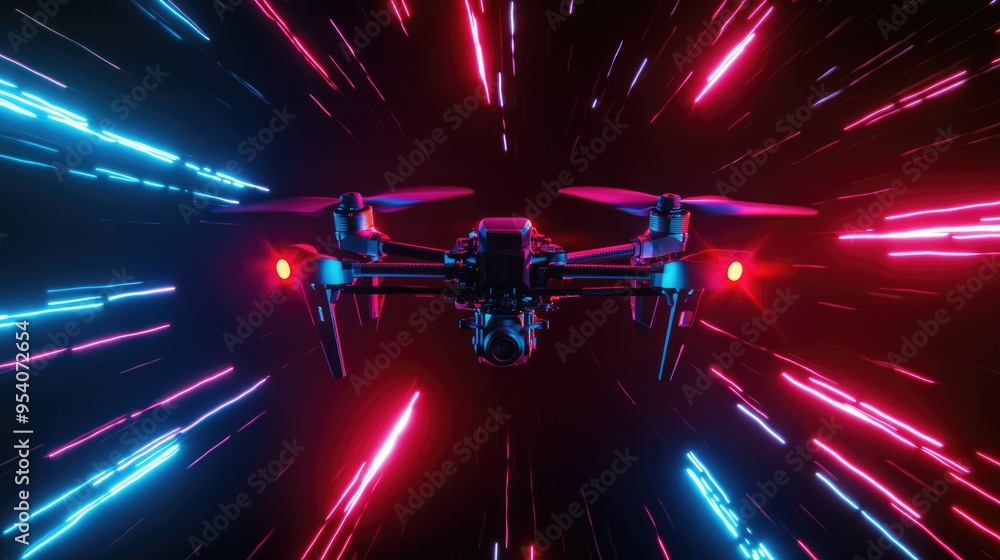 Poster neon light patterns from drones illuminating the sky, set against a dynamic black background, creati