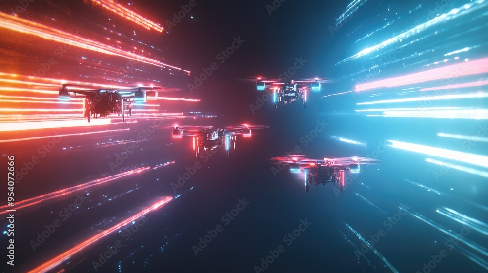Poster neon light patterns from drones illuminating the sky, set against a dynamic black background, creati