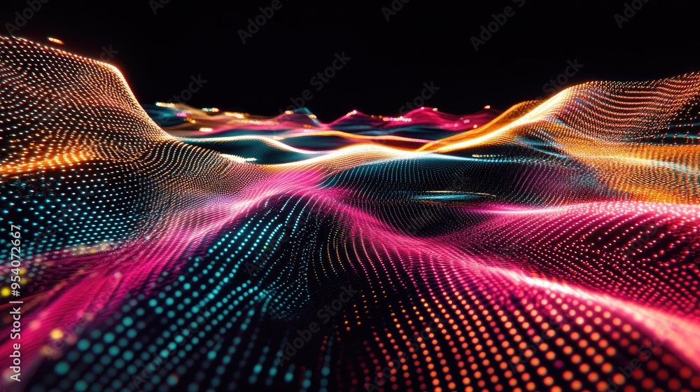 Poster neon light patterns from drones illuminating the sky, set against a dynamic black background, creati
