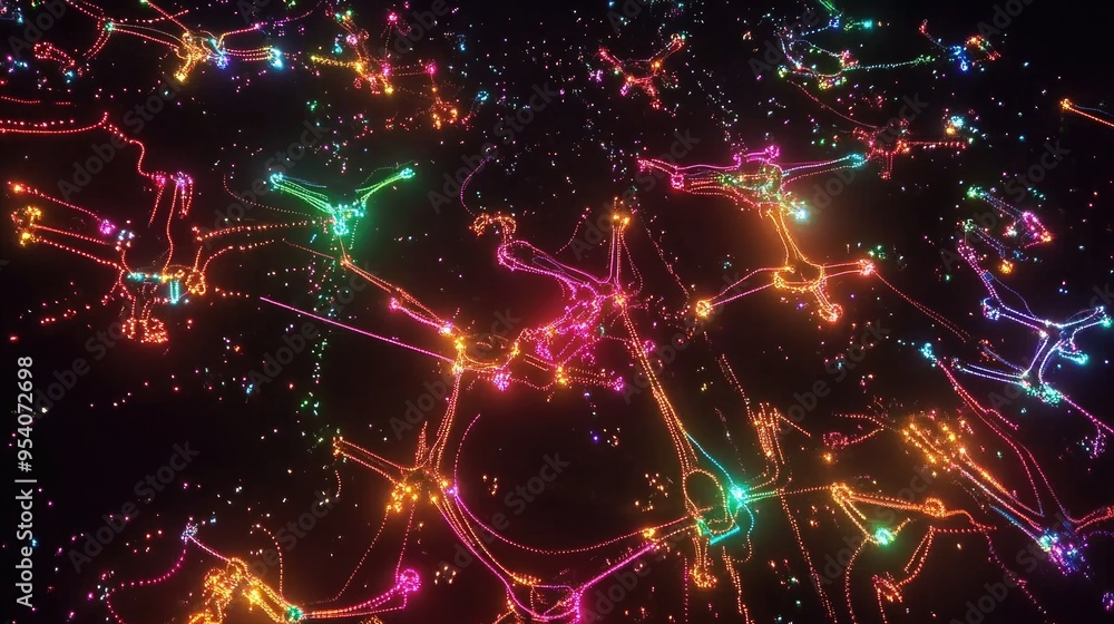 Poster neon lights from drones forming various patterns in the night sky, with a dynamic black background e