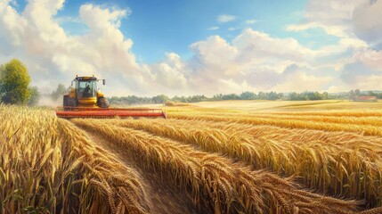 Fototapeta premium Multiple types of crops being harvested, set against a realistic background of fertile fields under a bright sky