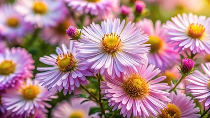 Delicate, daisy-like aster amellus flowers bloom in shades of soft pink and white, with yellow centers, against a subtle, blurred background of lush green foliage.