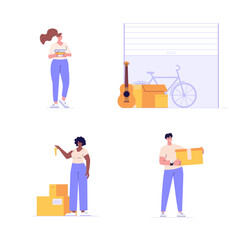 People keeping personal items and boxes in self-storage units. Characters and elements set. Collection of self storage unit, small mini warehouse, rental garage. Vector illustration in flat design