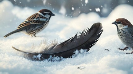   A pair of birds perched atop a mound of snow adjacent to a bird feather resting atop a mound of snow