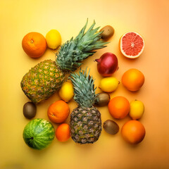 various kinds of fresh fruit. Full Frame, Top View. Flat lay, top view. Pop art design, creative summer concept.
