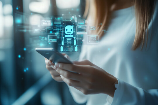 Woman holding a smartphone, with digital holograms of a chatbot or AI interface projected above the device, representing the concept of artificial intelligence in mobile applications