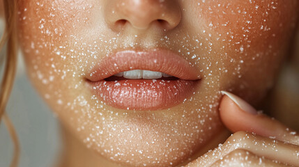 Obraz premium A close-up of someone exfoliating their lips, ensuring soft and smooth lips.
