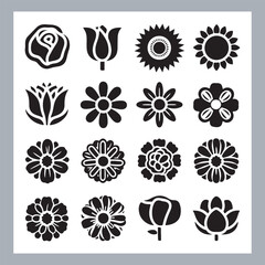 Set of logotype icons flowers Rose, Tulip, Orchid, Sunflower, Lily, Daisy, Daffodil, Jasmine, Lavender, Marigold, Peony, Chrysanthemum, Hibiscus, Poppy, Violet silhouettes in white background