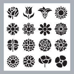 Set of logotype icons flowers Rose, Tulip, Orchid, Sunflower, Lily, Daisy, Daffodil, Jasmine, Lavender, Marigold, Peony, Chrysanthemum, Hibiscus, Poppy, Violet silhouettes in white background