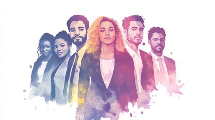 Fototapeta premium Diverse Group of Professional Workers in a Watercolor Portrait, ideal for corporate and team concept Generative AI