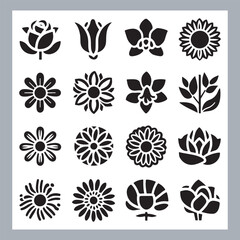 Set of logotype icons flowers Rose, Tulip, Orchid, Sunflower, Lily, Daisy, Daffodil, Jasmine, Lavender, Marigold, Peony, Chrysanthemum, Hibiscus, Poppy, Violet silhouettes in white background