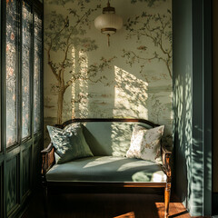 A room with chinoiserie style wallpaper generative Ai 