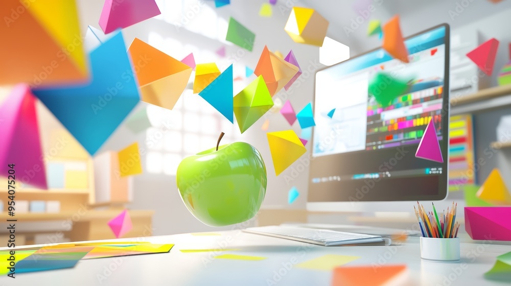 Poster colorful geometric shapes flying around an apple on a desk in front of a computer screen generative 