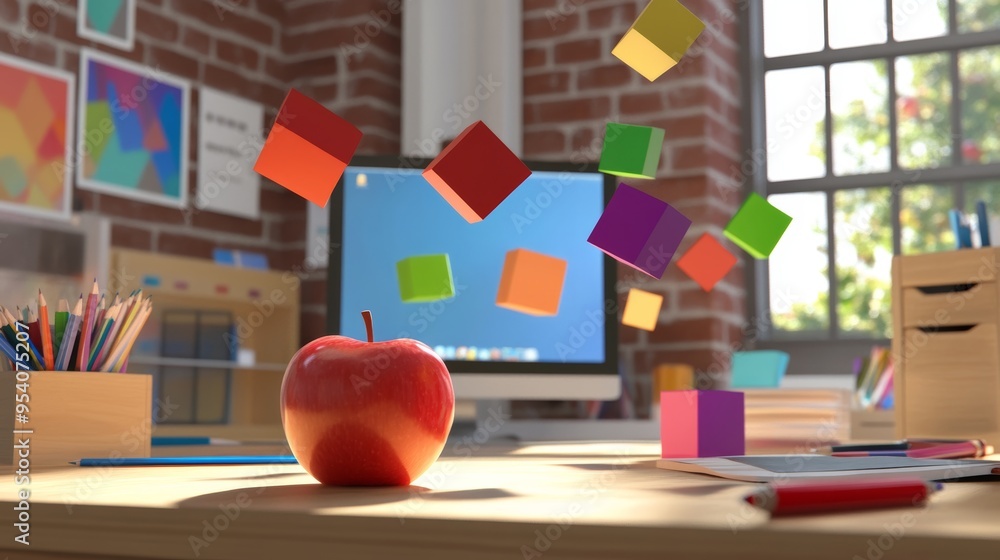 Aufkleber colorful geometric shapes flying around an apple on a desk in front of a computer screen generative 
