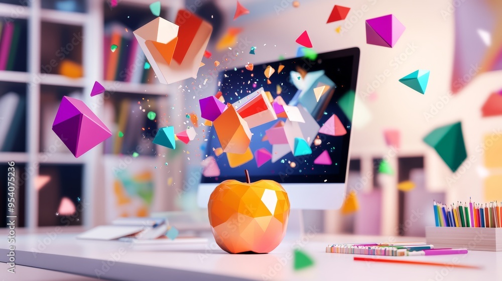 Aufkleber colorful geometric shapes flying around an apple on a desk in front of a computer screen generative 