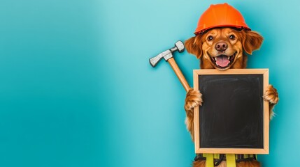 Happy Brown Dog in Construction Helmet Holding Chalkboard Sign with Hammer, Funny Animal Portrait for Construction or Education Theme Generative AI