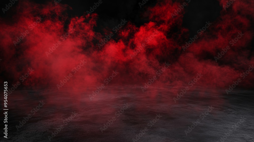 Poster abstract red smoke background for product presentation on concrete floor generative ai