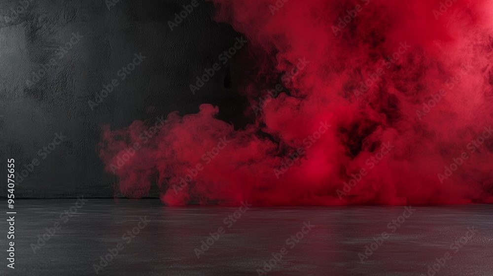 Poster abstract red smoke background for product presentation on concrete floor generative ai