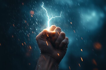 Man controlling lightning strike with fist under rain
